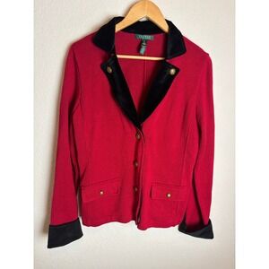 Lauren Ralph Lauren Red Blazer Velvet Trim Gold Button Cotton Knit Jacket